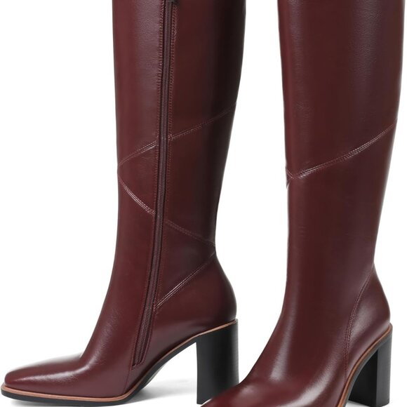 Women's Waterproof Leather Knee High Boots Chunky Heel Wide Calf Slip Resistant - Picture 1 of 7
